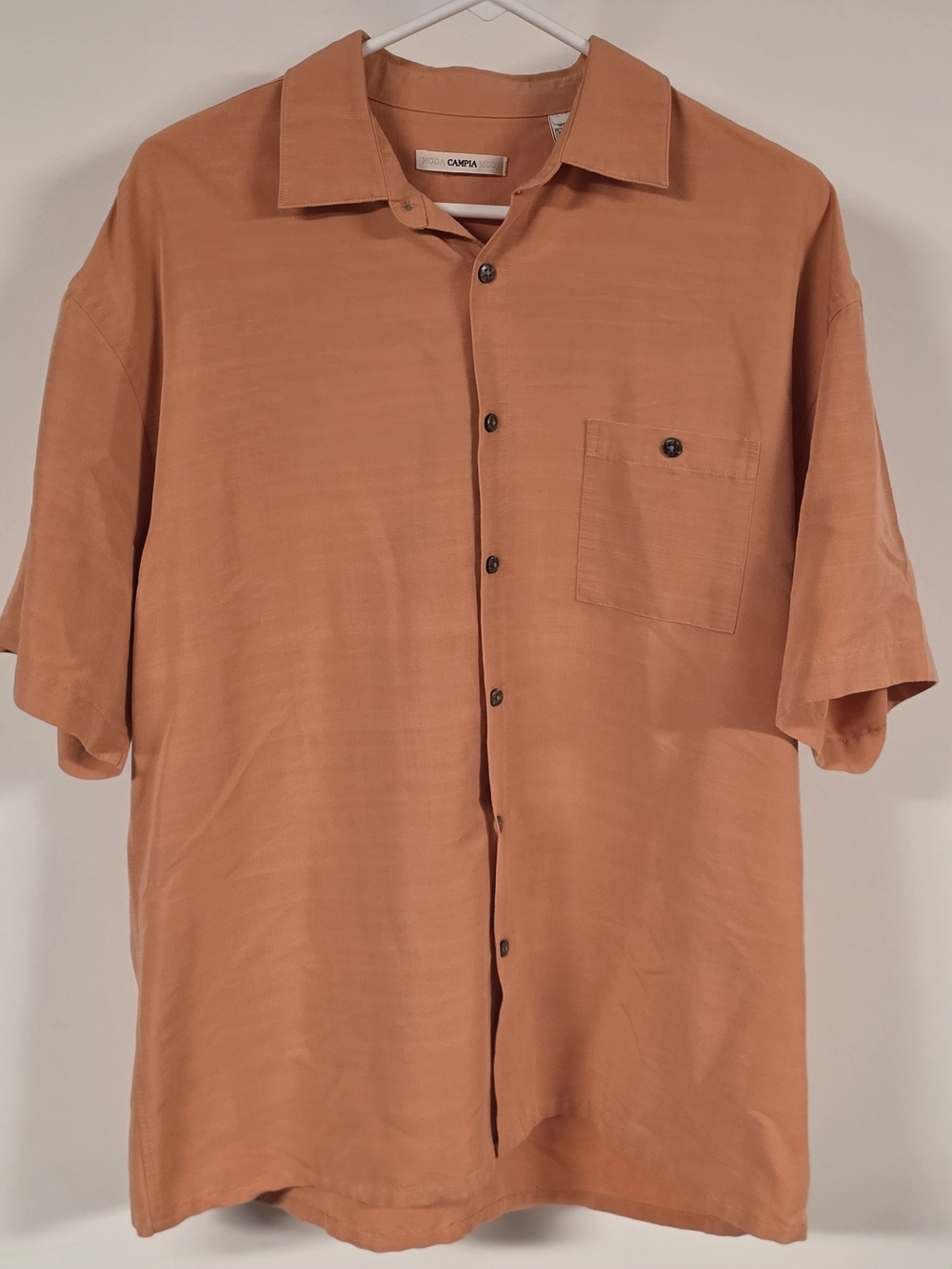 Campia Moda Silk Blend Orange Camp Shirt Size Large Retro Textured Vacation Butt